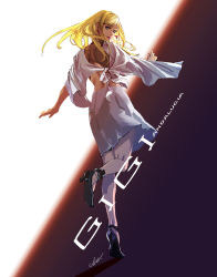 Rule 34 | 1girl, black footwear, blonde hair, blue eyes, capelet, character name, dress, earrings, from behind, gigi andalusia, gundam, gundam hathaway&#039;s flash, hair behind ear, high heels, highres, jewelry, looking at viewer, looking back, revision, smile, solo, triangle earrings, umeno ryuuji, white capelet, white dress