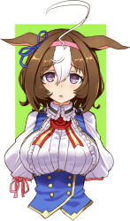 Rule 34 | 1girl, ahoge, animal ears, bow, breasts, brown hair, collar, collared shirt, commentary, cropped arms, cropped torso, ear ribbon, frilled collar, frills, hairband, horse ears, horse girl, katahira masashi, large breasts, light frown, looking at viewer, medium hair, meisho doto (umamusume), neck ribbon, outside border, parted lips, pink hairband, purple eyes, red ribbon, ribbon, shirt, solo, umamusume, underbust, upper body, white hair, white shirt