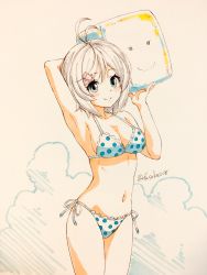 Rule 34 | .live, 1girl, absurdres, animal ear fluff, antenna hair, arm behind head, arm up, armpits, bikini, block (object), blue bikini, breasts, cleavage, closed mouth, commentary, cowboy shot, frilled bikini, frills, fuusuke (fusuke208), hair ornament, highres, holding, looking at viewer, medium breasts, navel, polka dot, polka dot bikini, short hair, side-tie bikini bottom, silver hair, dennou shoujo siro, skindentation, smile, solo, standing, swimsuit, thighs, traditional media, twitter username, virtual youtuber