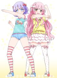 Rule 34 | 2girls, arms up, blue bow, blue eyes, blue hair, blush, bow, brown eyes, frills, full body, gradient background, hair bow, henshin pose, highres, long hair, looking at viewer, multiple girls, noto (soranoto), original, pink bow, pink hair, print thighhighs, shoes, short hair, short shorts, shorts, sidelocks, simple background, skirt, smile, standing, striped clothes, striped thighhighs, teeth, thighhighs, upper teeth only, white background, white bow, yellow background, zettai ryouiki