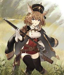 Rule 34 | 1girl, absurdres, animal ears, bare shoulders, black hat, black jacket, black sleeves, black thighhighs, breasts, brown hair, day, detached sleeves, dress, even (even yiwen), gloves, grass, grey eyes, gun, hair between eyes, hat, highres, holding, holding gun, holding weapon, huge filesize, jacket, jacket on shoulders, long sleeves, medium breasts, musket, original, outdoors, red dress, rifle, smoke, smoking barrel, solo, thighhighs, v-shaped eyebrows, weapon, weapon request, white gloves