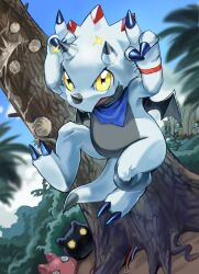 Rule 34 | bandana, bat wings, black wings, blue bandana, blue sky, botamon, cable, claws, day, digimon, digimon (creature), gammamon, highres, horns, level-00, no humans, outdoors, punimon, sky, sparkle, tree, white tail, wings, woodmon, yellow eyes
