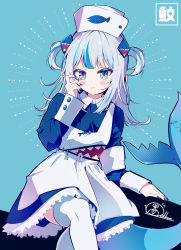 Rule 34 | 1girl, absurdres, apron, arm rest, blue background, blue dress, blue eyes, blue hair, blue nails, blunt bangs, closed mouth, collar, cowboy shot, dress, fins, fish tail, frilled dress, frills, garrison cap, gawr gura, hair ornament, hand on own face, hand up, hat, highres, hololive, hololive english, ichijo rei, long sleeves, medium hair, multicolored hair, nail polish, shark girl, shark hair ornament, shark tail, sidelocks, signature, simple background, sleeve cuffs, solo, streaked hair, tail, thighhighs, two side up, virtual youtuber, waitress, white apron, white collar, white hair, white thighhighs, wing collar