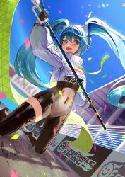 Rule 34 | 1girl, :d, absurdres, arm up, asymmetrical bodysuit, blue hair, blush, bodysuit, character name, confetti, covered navel, cropped jacket, day, finish line, flag, gloves, goodsmile racing, hatsune miku, high collar, highres, holding, holding flag, kneeling, long hair, long sleeves, navel, nemari (user wtca7244), on ground, open mouth, outdoors, pavement, racing miku, racing miku (2022), single thighhigh, sky, smile, solo, thighhighs, twintails, very long hair, vocaloid, wind