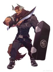 Rule 34 | 1boy, absurdres, animal ears, arknights, bara, cow ears, cow horns, dual wielding, full body, furrification, furry, furry male, highres, holding, holding shield, holding sword, holding weapon, horns, ju neng binggui, large pectorals, looking at viewer, male focus, matterhorn (arknights), minotaur, muscular, muscular male, partially unbuttoned, pectoral cleavage, pectorals, serious, shield, short hair, solo, standing, sword, weapon