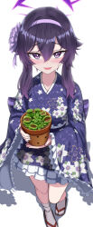 Rule 34 | 1girl, absurdres, blue archive, blush, floral print, flower pot, frilled kimono, frills, geta, hair between eyes, hairband, halo, haruka (blue archive), haruka (new year) (blue archive), highres, holding, holding flower pot, japanese clothes, kimono, long hair, long sleeves, looking at viewer, open mouth, plant, potted plant, purple eyes, purple hair, purple hairband, purple kimono, simple background, smile, solo, standing, tabi, white background, wide sleeves, yakob labo