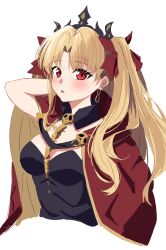 Rule 34 | 1girl, :o, arm up, blonde hair, blush, breasts, cape, commentary request, cropped torso, detached collar, earrings, ereshkigal (fate), eyelashes, fate/grand order, fate (series), hair between eyes, hair ribbon, highres, hoop earrings, jewelry, long hair, looking at viewer, medium breasts, open mouth, red cape, red eyes, red ribbon, ribbon, simple background, sketch, skull ornament, solo, souyoru, straight hair, tiara, tsurime, twintails, upper body, white background