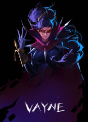 Rule 34 | 1girl, absurdres, arrow (projectile), bow (weapon), brush l, character name, closed mouth, crossbow, gloves, highres, league of legends, long hair, ponytail, purple gloves, purple hair, purple lips, red-tinted eyewear, red-tinted glasses, red eyes, vayne (league of legends), sketch, smile, solo, spikes, sunglasses, tinted eyewear, weapon