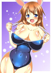 Rule 34 | 1girl, animal ears, blue eyes, blush, breasts, brown hair, charlotte e. yeager, competition school swimsuit, covered navel, highres, huge breasts, long hair, one-piece swimsuit, open mouth, rabbit ears, rabbit girl, school swimsuit, solo, strike witches, swimsuit, taigi akira, world witches series