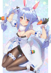 Rule 34 | 1girl, animal ear fluff, animal ears, ankle cuffs, arm cuffs, armpit peek, black gloves, black leotard, black pantyhose, blue hair, blush, braid, breasts, carrot hair ornament, cleavage, closed mouth, covered navel, don-chan (usada pekora), dress, food-themed hair ornament, full body, fur-trimmed dress, fur-trimmed gloves, fur scarf, fur trim, gloves, hair between eyes, hair ornament, holding, holding own hair, hololive, knees together feet apart, leotard, light blue hair, long hair, looking at viewer, medium breasts, multicolored hair, off-shoulder dress, off shoulder, pantyhose, playboy bunny, pom pom (clothes), rabbit ears, rabbit girl, rabbit tail, red eyes, shoes, smile, solo, tail, thick eyebrows, thigh gap, thigh strap, twin braids, twintails, two-tone hair, usada pekora, usada pekora (1st costume), virtual youtuber, white dress, white footwear, white hair, yoshimoto (dear life)