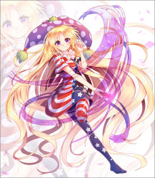 Rule 34 | 1girl, absurdly long hair, american flag dress, american flag legwear, blonde hair, blush, closed mouth, clownpiece, dress, full body, hat, jester cap, long hair, looking at viewer, neck ruff, pantyhose, polka dot, purple eyes, short dress, short sleeves, smile, solo, star (symbol), striped clothes, striped pantyhose, torch, touhou, very long hair, z.o.b, zoom layer