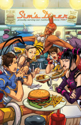 Rule 34 | 4girls, 6+boys, bald, bare shoulders, beef, birdie (street fighter), blue sailor collar, bracelet, bun cover, burger, butter, cammy white, capcom, cellphone, chips (food), chun-li, cucumber, dark skin, dhalsim, double bun, drill hair, drinking straw, eating, edwin huang, english text, fast food, food, food on head, fork, french fries, fruit, guile, hair bun, hair rings, halterneck, han juri, highres, ibuki (street fighter), indoors, jewelry, kasugano sakura, ken masters, ketchup, knife, lettuce, m. bison, multiple boys, multiple girls, muscular, mustard, necklace, object on head, onion, open mouth, pendant, phone, pickle, plate, ryu (street fighter), sailor collar, salad, sandwich, short hair, sitting, skull, skull necklace, street fighter, street fighter iv (series), table, talking on phone, tomato, twin drills, udon entertainment