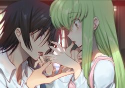 Rule 34 | 1boy, 1girl, apron, black hair, c.c., chocolate, chocolate on face, chocolate syrup, code geass, collared shirt, creayus, eye contact, finger to mouth, food, food on face, grabbing another&#039;s chin, green hair, hair between eyes, hand grab, hand on another&#039;s chin, holding, lelouch vi britannia, licking, licking finger, long hair, long sleeves, looking at another, pink apron, profile, purple eyes, shirt, short hair, sidelocks, tongue, tongue out, upper body, white shirt, window, yellow eyes