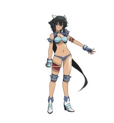 Rule 34 | &gt;:), 1girl, armlet, armor, bikini armor, black hair, blue eyes, blue gloves, blue panties, blush, boots, breasts, cleavage, collarbone, crescent, crescent earrings, ear piercing, earrings, fingerless gloves, full body, gloves, groin, hand on own hip, high heel boots, high heels, horns, jewelry, knee pads, long hair, looking at viewer, low ponytail, medium breasts, mokkei, momo kyun sword, navel, oni horns, onihime (momokyun), panties, pauldrons, piercing, pointy ears, single pauldron, smile, solo, stomach, tattoo, thighlet, underwear, very long hair, white background, white footwear