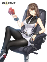 Rule 34 | 1girl, alternate hair color, ankle boots, bare arms, bare shoulders, belt, black bow, black footwear, black pantyhose, black shirt, blue eyes, bob cut, boots, bow, breasts, brown hair, card, chair, closers, collared shirt, copyright name, crossed legs, croupier, dress shirt, fold-over boots, foot out of frame, footwear bow, grey wrist cuffs, grin, hair ornament, hairclip, hand up, harpy (closers), high heels, highres, holding, holding card, impossible clothes, impossible shirt, impossible vest, knee up, large breasts, leg up, logo, looking at viewer, midriff peek, miniskirt, mole, mole under eye, necktie, office chair, official art, on chair, pantyhose, pencil skirt, playing card, shirt, short hair, sideboob, sitting, skirt, sleeveless, sleeveless shirt, smile, solo, swept bangs, swivel chair, two-tone footwear, vest, waistcoat, white background, white belt, white bow, white footwear, white necktie, white skirt, white vest, wrist bow, wrist cuffs