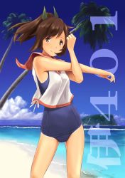 Rule 34 | 10s, 1girl, beach, blush, brown eyes, brown hair, character name, cowboy shot, day, i-401 (kancolle), kantai collection, looking at viewer, one-piece swimsuit, outdoors, palm tree, personification, ponytail, sailor collar, school swimsuit, school uniform, short hair, short ponytail, smile, solo, stretching, swimsuit, swimsuit under clothes, tan, tanline, tree, wa (genryusui), water