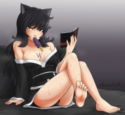 Rule 34 | 1girl, blake belladonna, breasts, cleavage, cslucaris, feet, female focus, food, ice cream, looking at viewer, panties, rwby, sexually suggestive, soles, solo, sweat, tongue, tongue out, underwear
