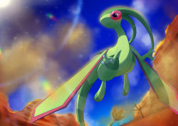 Rule 34 | bare tree, blue eyes, blurry, claws, closed mouth, cloud, commentary request, creatures (company), day, dust, flygon, from below, game freak, gen 3 pokemon, highres, looking to the side, nintendo, no humans, outdoors, pokemon, pokemon (creature), sky, smile, solo, sunokoro-eru, tree