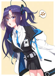 1girl anger_vein black_halo black_jacket black_skirt blue_archive blue_necktie blush border breasts collared_shirt hair_between_eyes halo id_card jacket jacket_partially_removed kouji_(campus_life) large_breasts long_hair long_sleeves looking_at_viewer mechanical_halo necktie open_clothes open_jacket pleated_skirt purple_eyes purple_hair shirt simple_background skirt solo spoken_anger_vein two-sided_fabric two-sided_jacket two_side_up white_border white_shirt yellow_background yuuka_(blue_archive)