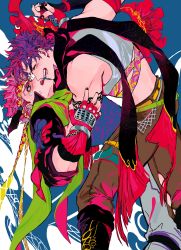 Rule 34 | 2boys, absurdres, alternate color, alternate hair color, bare shoulders, battle tendency, belt, black footwear, black scarf, blush, boots, brown pants, caesar anthonio zeppeli, colorful, crop top, dipping, embarrassed, closed eyes, facial mark, feather hair ornament, feathers, fingerless gloves, flustered, gloves, green eyes, green scarf, grey pants, grin, hair ornament, holding hands, happy, headband, highres, interlocked fingers, jacket, jojo no kimyou na bouken, joseph joestar, joseph joestar (young), knee boots, leaning back, leaning forward, leg belt, looking at another, male focus, midriff, multiple belts, multiple boys, nigelungdayo, open mouth, pants, pink hair, purple hair, red gloves, scarf, short hair, sleeveless, smile, spiked hair, sweatdrop, tattoo, thigh strap
