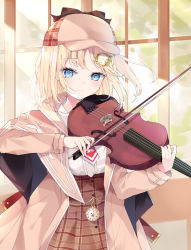 Rule 34 | 1girl, absurdres, blonde hair, blue eyes, blush, bow, bow (music), cabbie hat, collared shirt, hair ornament, hat, hat bow, highres, holding, holding bow (music), holding instrument, holding violin, hololive, hololive english, indoors, instrument, jacket, light rays, long sleeves, looking at viewer, medium hair, music, necktie, plaid, plaid headwear, plaid skirt, playing instrument, pocket watch, shigureszku, shirt, shirt tucked in, skirt, smile, swept bangs, two-sided fabric, violin, virtual youtuber, watch, watson amelia, window