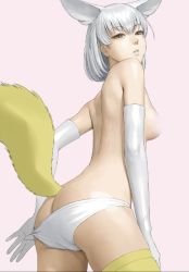 Rule 34 | 10s, 1girl, animal ears, ass, breasts, brown eyes, butt crack, censored, censored nipples, closed mouth, cowboy shot, elbow gloves, female focus, fennec (kemono friends), fox ears, fox tail, from behind, gloves, kemono friends, looking at viewer, looking back, panties, panties only, panty pull, pink background, pulled by self, short hair, silver hair, simple background, small breasts, solo, standing, tail, thighhighs, topless, underwear, underwear only, watanabe yasuaki, white gloves, white panties, yellow thighhighs