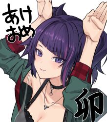 Rule 34 | 1girl, akimikan (2.5deciliter), arms up, black choker, breasts, choker, cleavage, closed mouth, collarbone, commentary request, diagonal bangs, green jacket, idolmaster, idolmaster shiny colors, jacket, long sleeves, looking at viewer, medium breasts, multicolored hair, open clothes, open jacket, purple eyes, purple hair, simple background, smile, solo, streaked hair, tanaka mamimi, translation request, twintails, upper body, white background