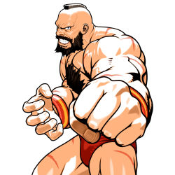 Rule 34 | 1boy, beard, bikini briefs, bodypaint, capcom, capcom fighting jam, chest hair, clenched hand, cowboy shot, facial hair, fingernails, foreshortening, highres, male focus, male underwear, mori toshiaki, muscular, official art, panties, russian text, simple background, solo, stance, street fighter, underwear, white background, wrestler, wrestling outfit, zangief