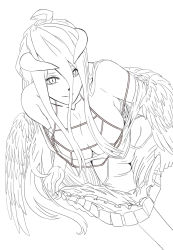 Rule 34 | 1girl, absurdres, albedo (overlord), bare shoulders, breasts, demon girl, demon horns, demon wings, dreamman, dress, elbow gloves, feathers, gloves, greyscale, hair between eyes, highres, horns, large breasts, long hair, looking at viewer, monochrome, overlord (maruyama), simple background, smile, solo, thighhighs, thighs, wings