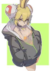 Rule 34 | 1girl, :/, acfun, acfun girl, bikini, black choker, blonde hair, blue bow, bow, breasts, bun cover, choker, collarbone, crown, double bun, fps xilou, from above, green background, grey jacket, hair bow, hair bun, hands in pockets, highres, hood, hood down, hooded jacket, jacket, looking at viewer, mouth hold, orange bikini, short hair, small breasts, solo, swimsuit, toothpick, unzipping, v-shaped eyebrows, white background, yellow eyes, zipper, zipper pull tab