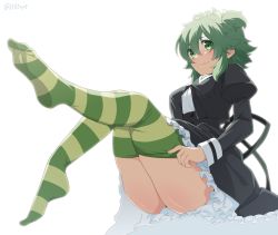 Rule 34 | 1113syp, 1girl, adjusting clothes, adjusting legwear, antenna hair, assault lily, black skirt, breasts, closed mouth, commentary request, cropped jacket, fingernails, frilled skirt, frills, full body, green eyes, green hair, green thighhighs, hair between eyes, hair ribbon, high-waist skirt, highres, juliet sleeves, knees together feet apart, legs, legs up, light smile, long sleeves, looking away, medium breasts, miniskirt, multicolored thighhighs, no shoes, puffy sleeves, ribbon, school uniform, shirt, short hair, simple background, sitting, skirt, soles, solo, striped clothes, striped thighhighs, thighhighs, twitter username, two side up, upskirt, white background, white shirt, yellow ribbon, yellow thighhighs, yoshimura thi mai, yurigaoka girls academy school uniform