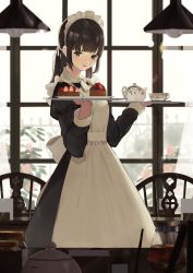 Rule 34 | 1girl, apron, black dress, blurry, blurry background, blush, brown eyes, brown hair, ceiling light, chair, commentary request, cup, depth of field, dress, food, fruit, hands up, highres, holding, holding tray, indoors, juliet sleeves, long hair, long sleeves, looking at viewer, low twintails, maid, maid apron, maid headdress, original, parted lips, puffy sleeves, shii (kairi-t-k0317), smile, solo, steam, strawberry, table, teacup, teapot, tray, twintails, white apron, window