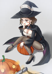 Rule 34 | 1girl, black dress, black skirt, blush, breasts, brown eyes, brown hair, dress, eyewear strap, frilled dress, frills, glasses, halloween, halloween costume, hat, jack-o&#039;-lantern, kantai collection, large breasts, long dress, looking at viewer, mayura (lucadia), open mouth, pantyhose, pince-nez, pumpkin, roma (kancolle), shadow, short hair, skirt, solo, wavy hair, witch, witch hat