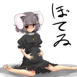 Rule 34 | 1girl, animal ears, barefoot, bdsm, blush, chain, collar, empty eyes, feet, female focus, grey hair, hakano shinshi, hand on own stomach, hands on stomach, inaba tewi, jewelry, leash, necklace, pregnant, rabbit ears, rabbit girl, rabbit tail, red eyes, short hair, slave, smile, soles, solo, tail, tears, toes, touhou, translated