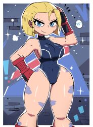 Rule 34 | !, 1girl, absurdres, black leotard, blonde hair, blue eyes, blush, boots, braid, breasts, brick wall, cammy white, capcom, fingerless gloves, gloves, hand on own hip, highres, large breasts, leg tattoo, leotard, looking at viewer, red footwear, red gloves, short hair, smile, sparkle, speech bubble, standing, street fighter, tattoo, thick thighs, thighs, tony welt, wide hips