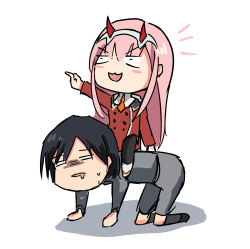 Rule 34 | 10s, 1boy, 1girl, all fours, black hair, black pantyhose, boots, brown footwear, couple, darling in the franxx, fringe trim, hair ornament, hairband, hetero, highres, hiro (darling in the franxx), horns, lay-z-arts, long hair, long sleeves, military, military uniform, necktie, oni horns, orange neckwear, pantyhose, pink hair, red horns, red neckwear, shoes, short hair, sitting, sitting on person, socks, sweat, uniform, white footwear, white hairband, zero two (darling in the franxx)