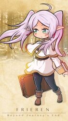 Rule 34 | 1girl, ahoge, briefcase, capelet, character name, copyright name, drop earrings, earrings, elf, forest, frieren, gotthi, highres, jewelry, nature, parted bangs, pointy ears, sousou no frieren, twintails, white capelet, yellow background