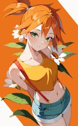 Rule 34 | 1girl, arms behind back, breasts, creatures (company), crop top, denim, denim shorts, flower, game freak, green eyes, highres, looking at viewer, midriff, misty (pokemon), navel, nintendo, orange hair, pokemon, pokemon (anime), pokemon (classic anime), short shorts, shorts, side ponytail, solo, stomach, tor (torkrub111), white flower