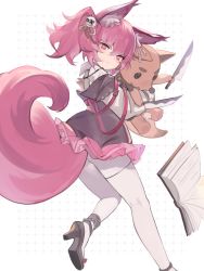 Rule 34 | 1girl, animal ear fluff, animal ears, arknights, ass, black footwear, book, dress, foot out of frame, fox ears, fox girl, fox tail, frown, hair between eyes, hair ornament, high heels, highres, holding, knife, long sleeves, looking at viewer, open book, pantyhose, pink eyes, pink hair, purple dress, shamare (arknights), shirt, short hair, solo, stuffed animal, stuffed toy, tail, tqtopic, twintails, white background, white pantyhose, white shirt