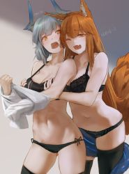 Rule 34 | 2girls, animal ears, arknights, black bra, black legwear, black panties, bra, grabbing another&#039;s breast, breasts, brown eyes, brown hair, cleavage, commentary, dragon girl, dragon horns, dragon tail, fox ears, fox girl, fox tail, franka (arknights), grabbing, grabbing from behind, heart, heart in mouth, highres, horns, large breasts, liskarm (arknights), long hair, multiple girls, navel, noccu, one eye closed, open mouth, panties, silver hair, symbol-only commentary, tail, thighhighs, underwear, undressing, very long hair, yellow eyes