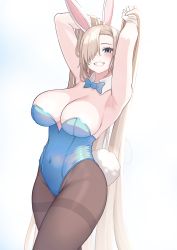 Rule 34 | :d, animal ears, armpits, arms up, asuna (blue archive), asuna (bunny) (blue archive), blue archive, blue bow, blue bowtie, blue eyes, blush, bow, bowtie, breasts, brown hair, brown pantyhose, cleavage, covered navel, cowboy shot, detached collar, fake animal ears, fake tail, grin, hair over one eye, hands in hair, highres, kkumboo, large breasts, leotard, long hair, looking at viewer, mole, mole on breast, official alternate costume, open mouth, pantyhose, parted lips, playboy bunny, rabbit ears, rabbit tail, simple background, smile, strapless, strapless leotard, tail, teeth, thighband pantyhose, traditional bowtie, very long hair, white background