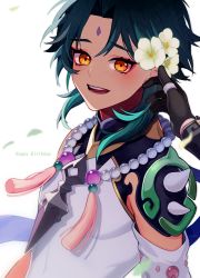 Rule 34 | 2boys, armor, asymmetrical clothes, bead necklace, beads, black gloves, black hair, blush, commentary request, detached sleeves, diamond-shaped pupils, diamond (shape), eyeshadow, facial mark, flower, forehead mark, genshin impact, gloves, green hair, hair flower, hair ornament, highres, jewelry, kh66gs, long sleeves, makeup, male focus, multicolored hair, multiple boys, necklace, open mouth, parted bangs, pendant, petals, red eyeshadow, short hair with long locks, shoulder armor, shoulder pads, shoulder spikes, simple background, single bare shoulder, single detached sleeve, slit pupils, smile, solo focus, spikes, symbol-shaped pupils, tassel, thumb ring, two-tone hair, white background, white flower, xiao (genshin impact), yellow eyes, zhongli (genshin impact)