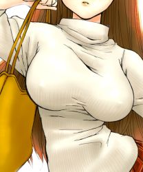 Rule 34 | 00s, 1girl, bag, breasts, brown hair, close-up, covered erect nipples, head out of frame, kousaka tamaki, large breasts, long hair, long sleeves, no bra, red hair, shoulder bag, simple background, skirt, solo, sweater, to heart, to heart (series), to heart 2, very long hair