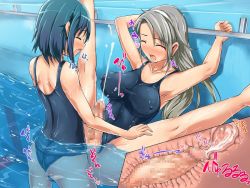 Rule 34 | 2girls, androgynous, armpits, bare shoulders, blue hair, breasts, censored, character request, clothing aside, covered erect nipples, cross-section, crossdressing, cum, cum in pussy, futa with futa, futanari, grey hair, hairband, heart, large breasts, long hair, multiple girls, nipples, penis, pool, school swimsuit, sex, short hair, source request, swimsuit, swimsuit aside, tongue, ubanis, water