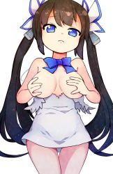 Rule 34 | 10s, 1girl, bare shoulders, black hair, blue bow, blue eyes, bow, breasts, closed mouth, covering privates, covering breasts, covering nipples, dress, dungeon ni deai wo motomeru no wa machigatteiru darou ka, hair ornament, hestia (danmachi), kennymoney, long hair, looking at viewer, rei no himo, short dress, simple background, solo, standing, torn clothes, transparent background, twintails, white background, white dress