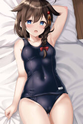 Rule 34 | 1girl, absurdres, ahoge, armpits, bare arms, bare legs, bare shoulders, bed sheet, black one-piece swimsuit, blue eyes, blush, braid, brown hair, cowboy shot, hair between eyes, hair flaps, highres, himura moritaka, kantai collection, long hair, one-piece swimsuit, open mouth, school swimsuit, shigure (kancolle), shigure kai ni (kancolle), single braid, solo, swimsuit, textless version