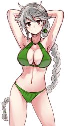 Rule 34 | 10s, 1girl, alternate costume, arms behind back, bad id, bad twitter id, bikini, braid, breasts, chiune (yachi), cleavage cutout, clothing cutout, green bikini, hair ornament, halterneck, halterneck, jitome, kantai collection, large breasts, looking at viewer, navel, silver hair, single braid, sketch, solo, stomach, swimsuit, unryuu (kancolle)
