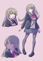 Rule 34 | 1girl, black footwear, black jacket, blazer, bow, breasts, brown cardigan, cardigan, closed mouth, collared shirt, grey hair, grey pantyhose, grey skirt, highres, jacket, loafers, long hair, multiple views, open clothes, open jacket, open mouth, original, pantyhose, parted lips, pink background, pink bow, pleated skirt, school uniform, shirt, shoes, simple background, skirt, small breasts, smile, somasoutaro, standing, swept bangs, teeth, upper teeth only, very long hair, white shirt, yellow eyes
