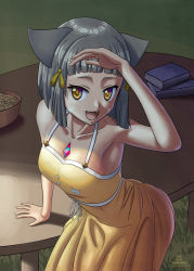 Rule 34 | 1girl, :d, animal ears, armpits, ass, bare arms, blunt bangs, book, breasts, cat ears, collarbone, dress, facial mark, fangs, gem, grass, hair ornament, highres, kami mitsugu (kamiken), leaning forward, nia (fancy sundress) (xenoblade), nia (xenoblade), nintendo, open mouth, ribbon, short hair, silver hair, small breasts, smile, solo, spaghetti strap, spoilers, sundress, table, xenoblade chronicles (series), xenoblade chronicles 2, yellow dress, yellow eyes
