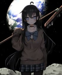 Rule 34 | 1girl, ahoge, black choker, black hair, black pantyhose, blue bow, blue bowtie, blue eyes, bow, bowtie, broom, brown sweater, choker, closed mouth, collared shirt, cowboy shot, earth (planet), grey skirt, highres, holding, long hair, long sleeves, looking at viewer, miniskirt, mole, mole under eye, mole under mouth, narue, on moon, original, pantyhose, plaid, plaid skirt, planet, pleated skirt, shirt, skirt, sleeves past fingers, sleeves past wrists, slit pupils, solo, space, standing, star (sky), sweater, very long hair, white shirt, wide-eyed, wing collar